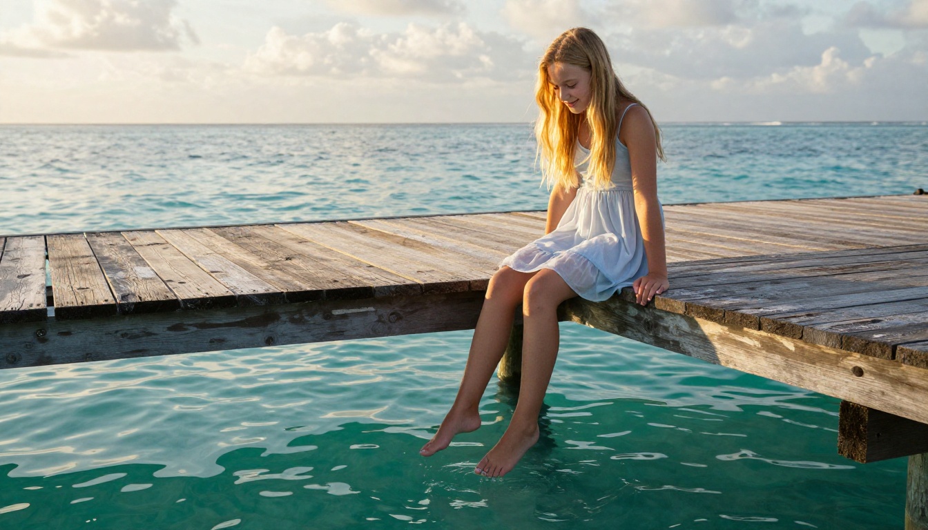 Young woman in a white summer dress sitting on a wooden pier over turquoise water with backlit hair halo and golden afternoon light