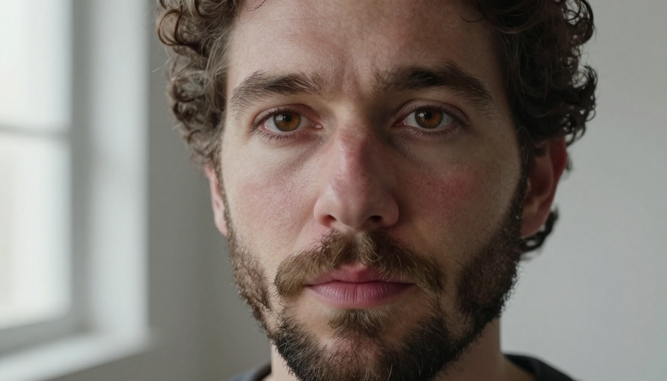 Man with natural curly brown hair in minimalist north-facing window light showing neutral skin texture, beard detail, and amber-brown iris structure