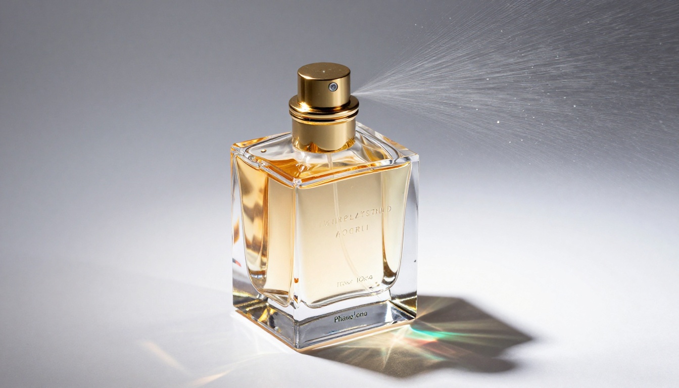 Cut crystal perfume bottle with prismatic rainbow light refraction on white studio surface Cut crystal perfume bottle with prismatic rainbow light refraction on white studio surface