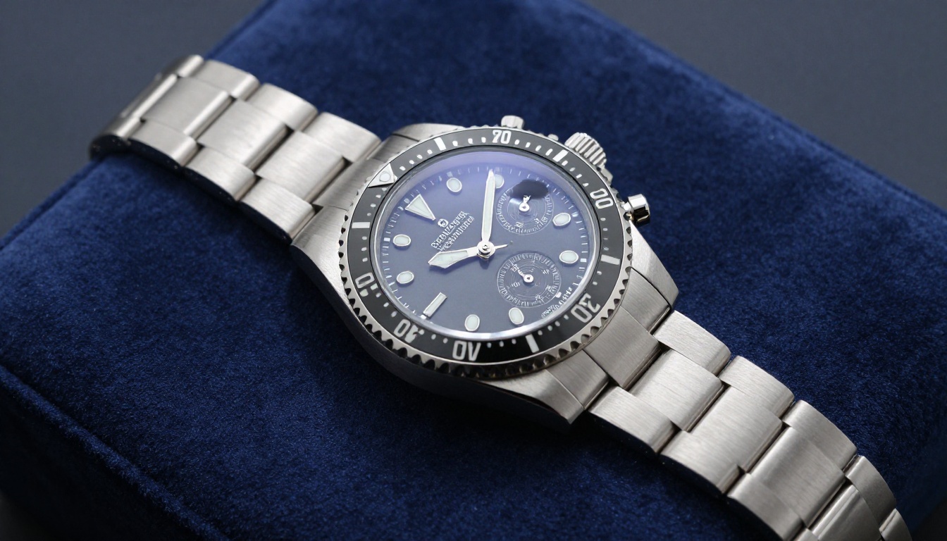 Luxury stainless steel diver's watch on navy suede cloth, overhead macro with twin panel lighting Luxury stainless steel diver's watch on navy suede cloth, overhead macro with twin panel lighting