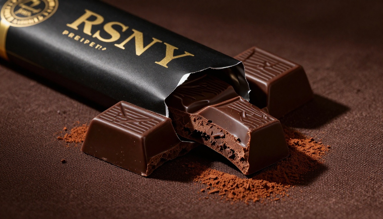 Premium dark chocolate bar partially unwrapped, dramatic side lighting on linen surface Premium dark chocolate bar partially unwrapped, dramatic side lighting on linen surface