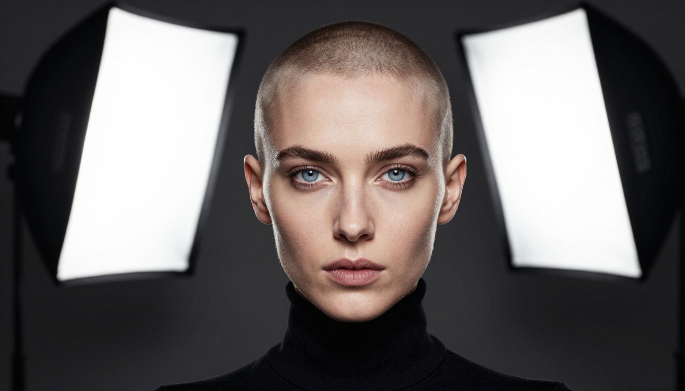 Split-lighting portrait of a woman with a shaved head against a dark charcoal background showing precision shadow-to-highlight edge and clean studio background separation