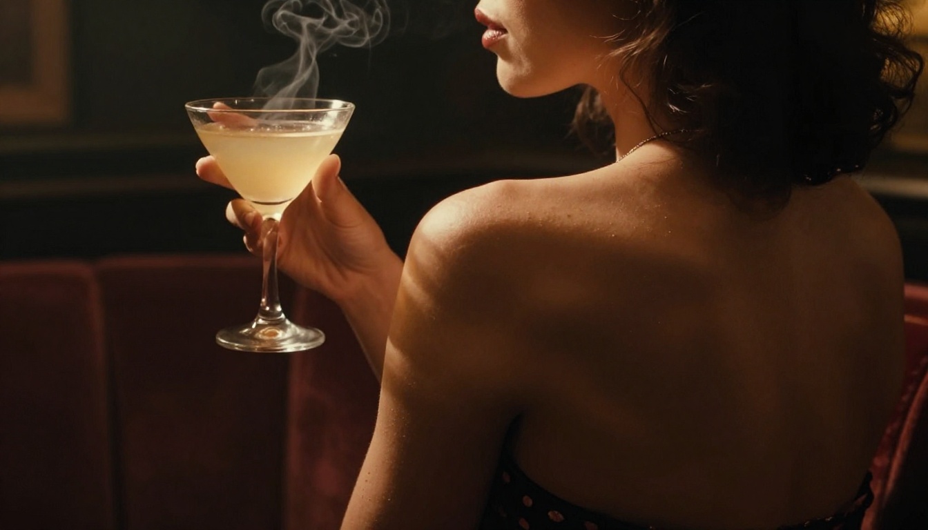 Woman's back in jazz lounge with amber spotlight and film noir atmosphere
