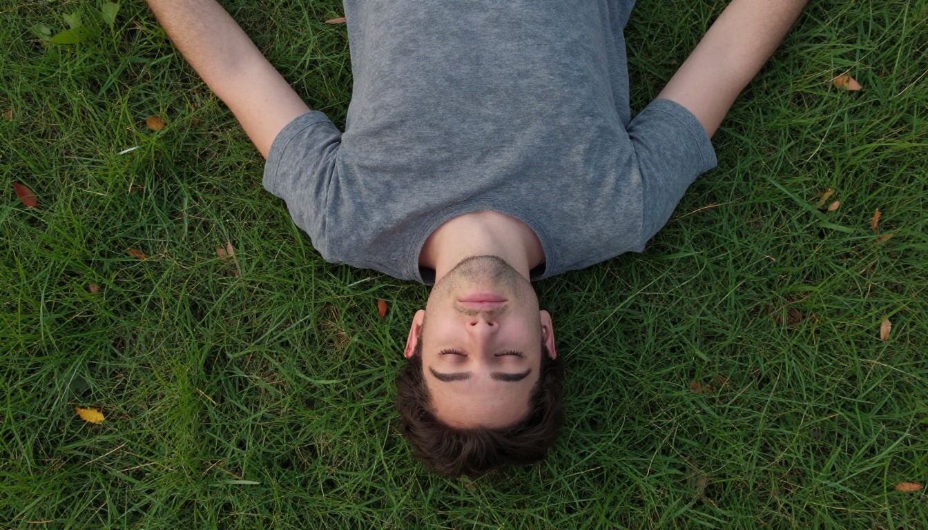 Overhead aerial portrait of a man lying on vivid green grass with noon sunlight showing skin freckles and a watch tan line on the wrist