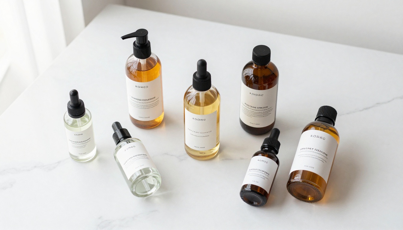 Skincare product collection flat lay on white marble surface with five bottles and consistent soft natural lighting across all items Skincare product collection flat lay on white marble surface with five bottles and consistent soft natural lighting across all items