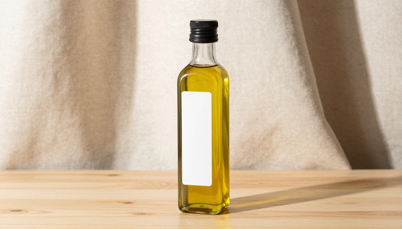 Premium glass olive oil bottle on light oak wood surface with warm afternoon window light refracting through the golden liquid Premium glass olive oil bottle on light oak wood surface with warm afternoon window light refracting through the golden liquid