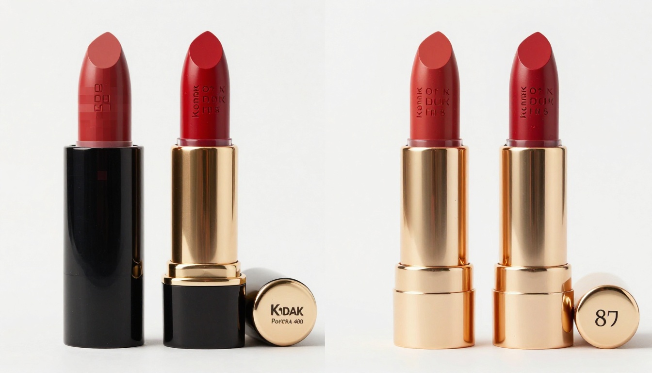 Red lipstick tube comparison showing a blurry low-resolution version next to a crisp AI-upscaled product shot at full detail Red lipstick tube comparison showing a blurry low-resolution version next to a crisp AI-upscaled product shot at full detail