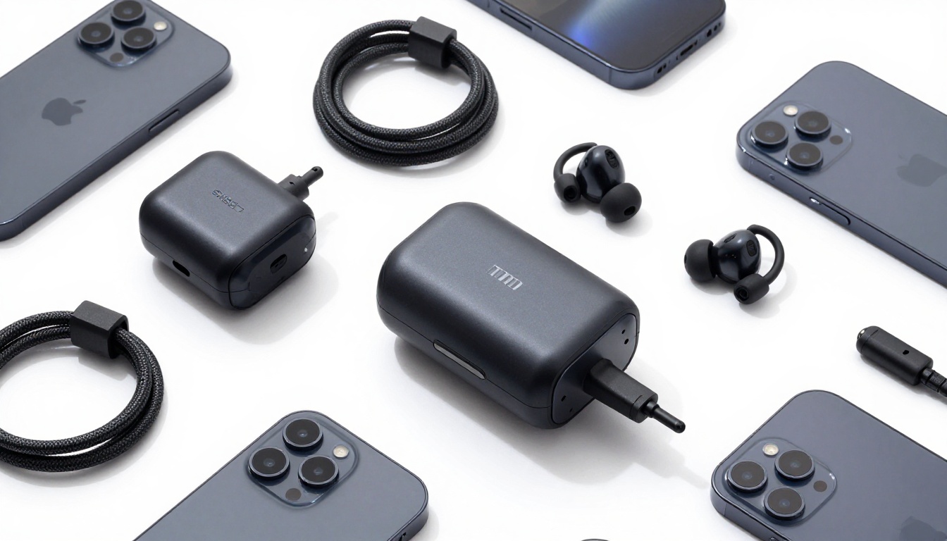 Tech accessories flat lay with wireless earbuds case, braided cable, and portable charger arranged in a grid on a white surface Tech accessories flat lay with wireless earbuds case, braided cable, and portable charger arranged in a grid on a white surface