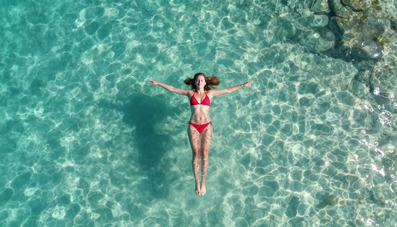 Aerial view of woman floating in water for motion composition Aerial view of woman floating in water for motion composition