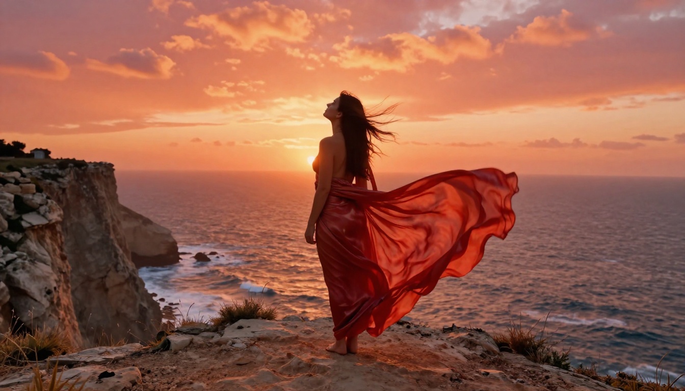 Woman on sea cliff at dramatic sunset for cinematic AI video reference Woman on sea cliff at dramatic sunset for cinematic AI video reference