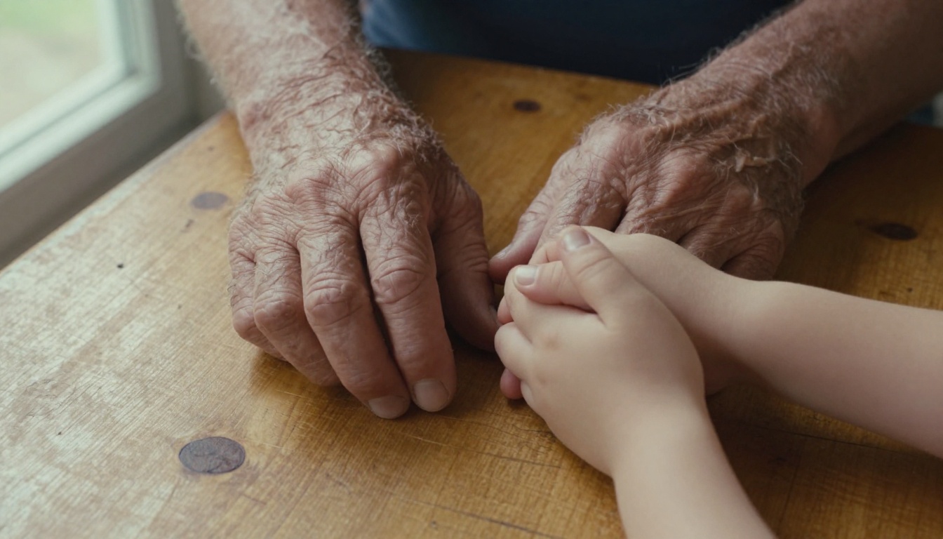 Close-up of elderly man's hand and child's hand held together, demonstrating FLUX.3 Max anatomy rendering with skin texture and vein detail