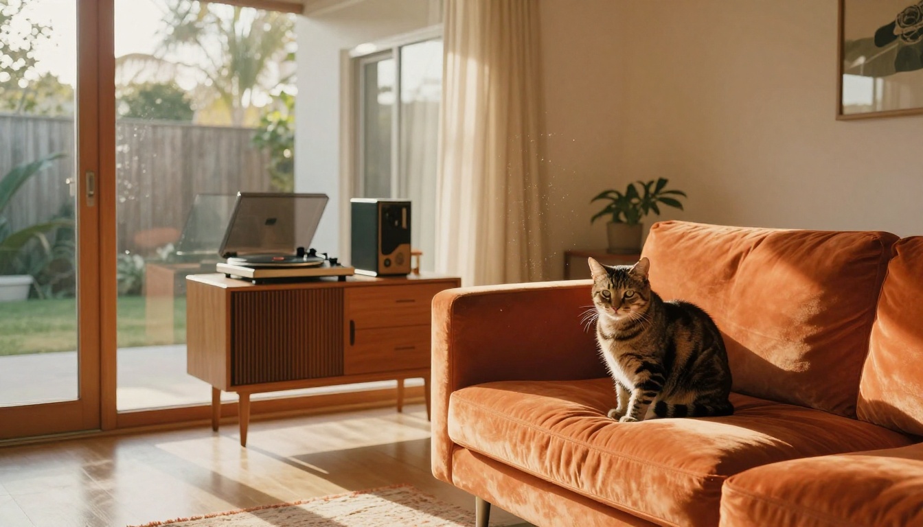 Mid-century modern California living room showing FLUX.3 Max interior scene composition with warm afternoon light and accurate spatial relationships