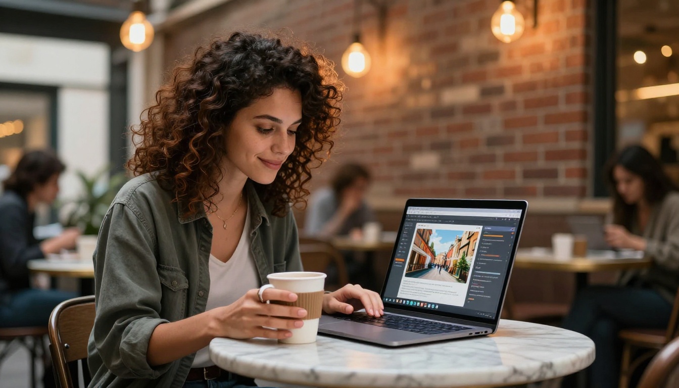 Young creative professional at a marble cafe table using PicassoIA on a laptop surrounded by warm Edison bulb lighting