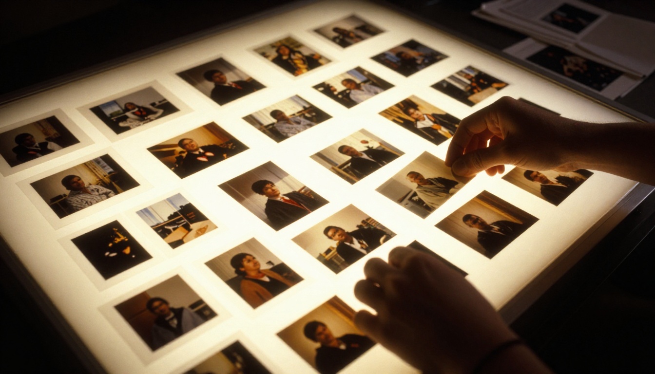 Photographer's illuminated light table with a grid of printed images, a hand selecting one photograph from the spread