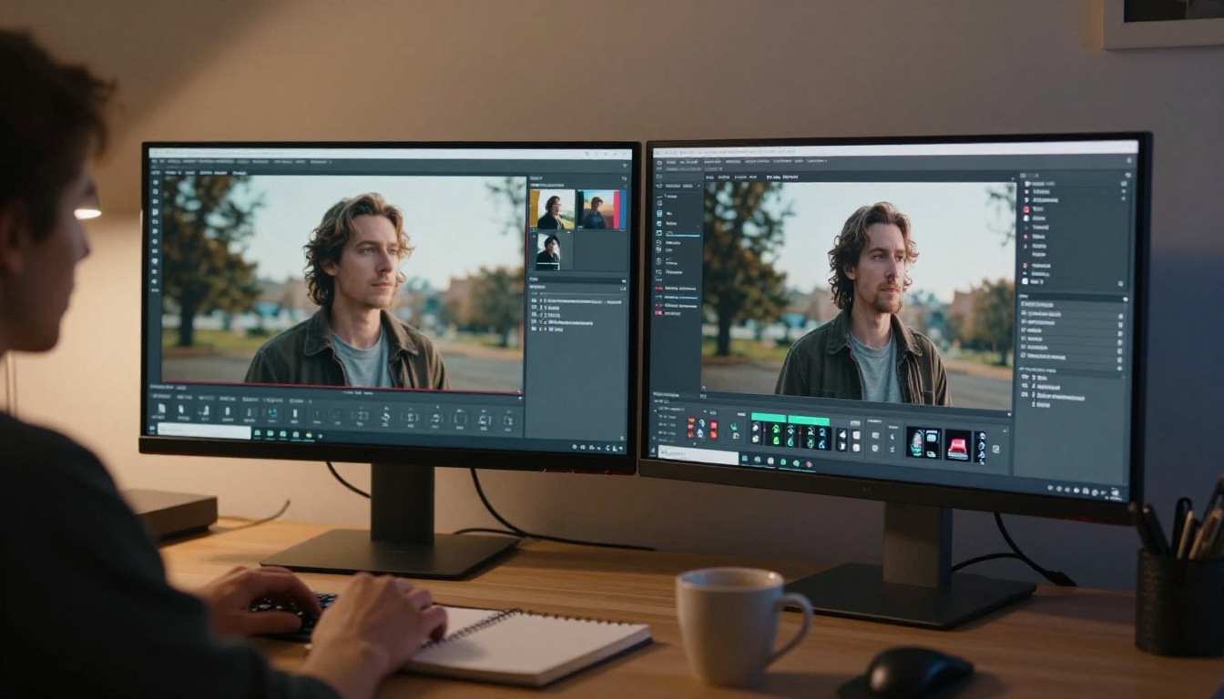 Two professional monitors side-by-side showing AI video frames in a dimly lit filmmaker's workspace, notebook and coffee cup in the foreground