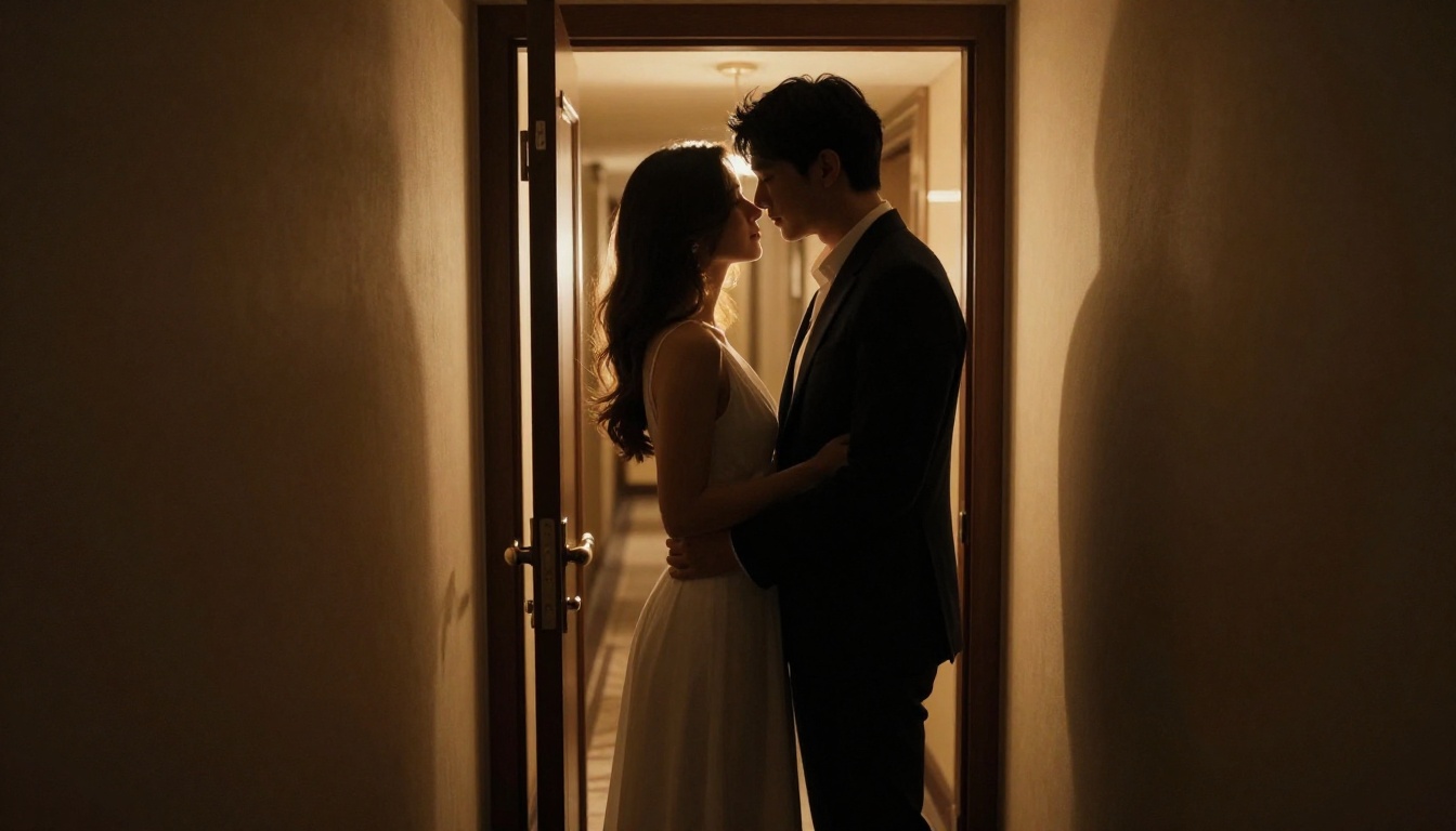 A beautiful couple in an intimate embrace in a dimly lit luxury hotel corridor, warm golden backlighting creating a halo around their figures