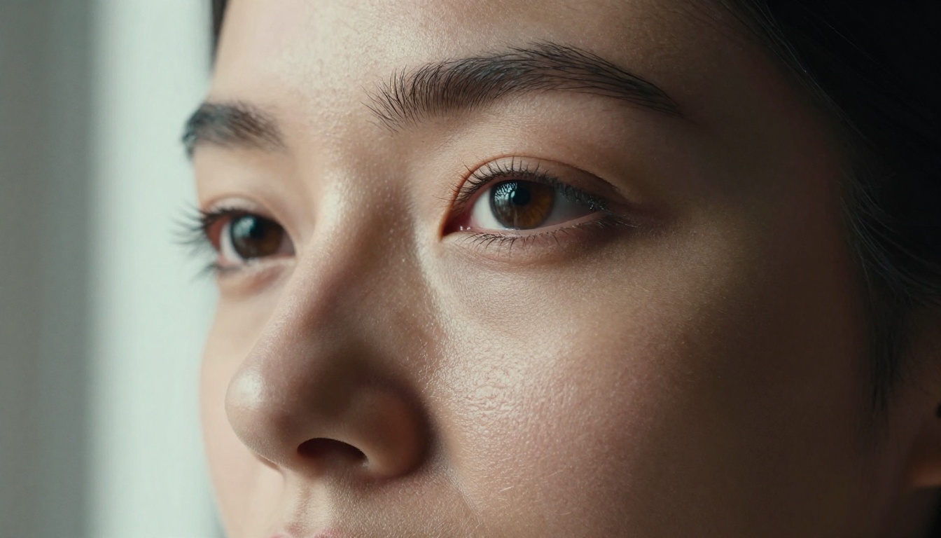 Extreme close-up portrait of a strikingly beautiful woman, sharp dramatic side-lighting from the left casting deep shadow across the right side of her face, every skin detail rendered in cinematic 8K clarity