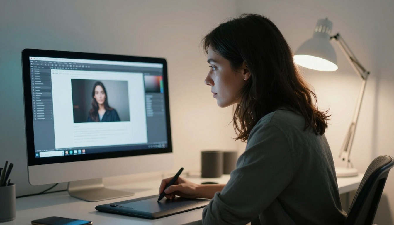 Female designer at iMac with AI generation platform visible on screen Female designer at iMac with AI generation platform visible on screen