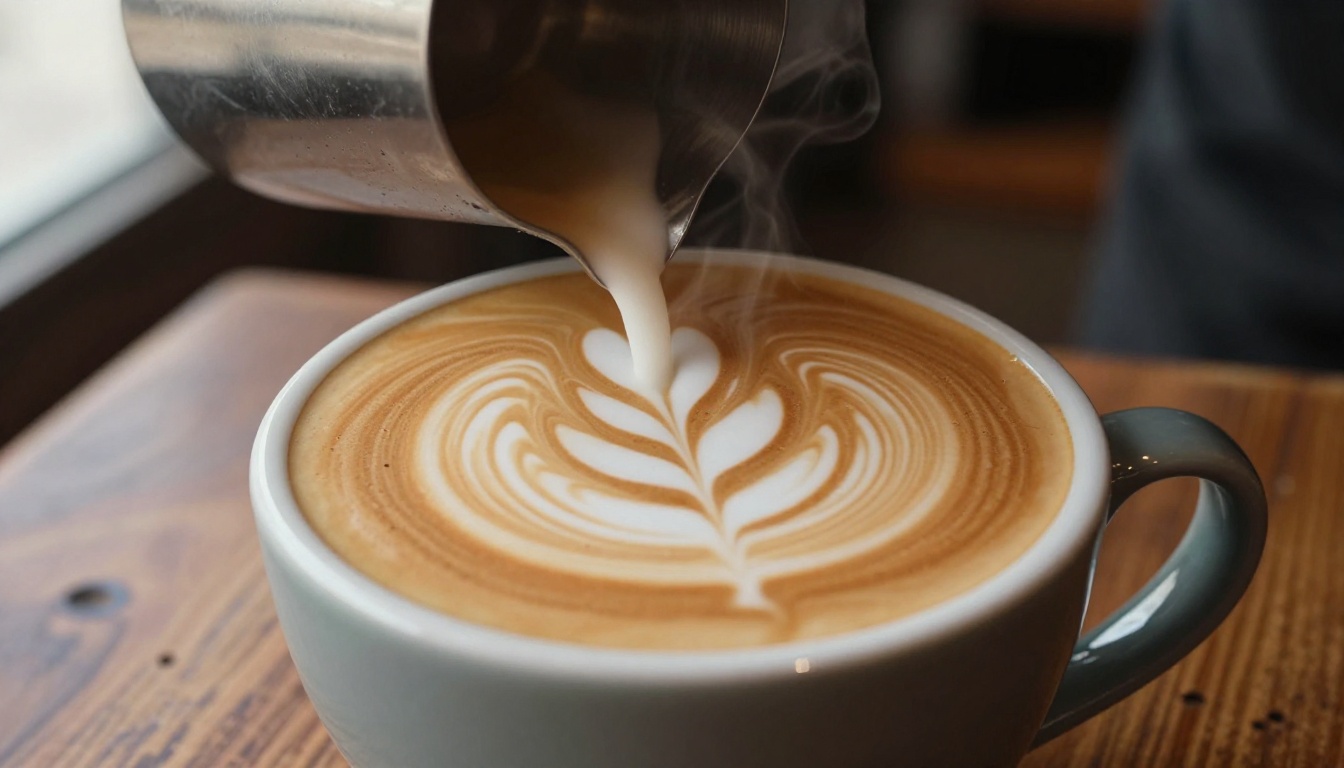 Professional barista pouring latte art in warm morning window light, close-up macro photography