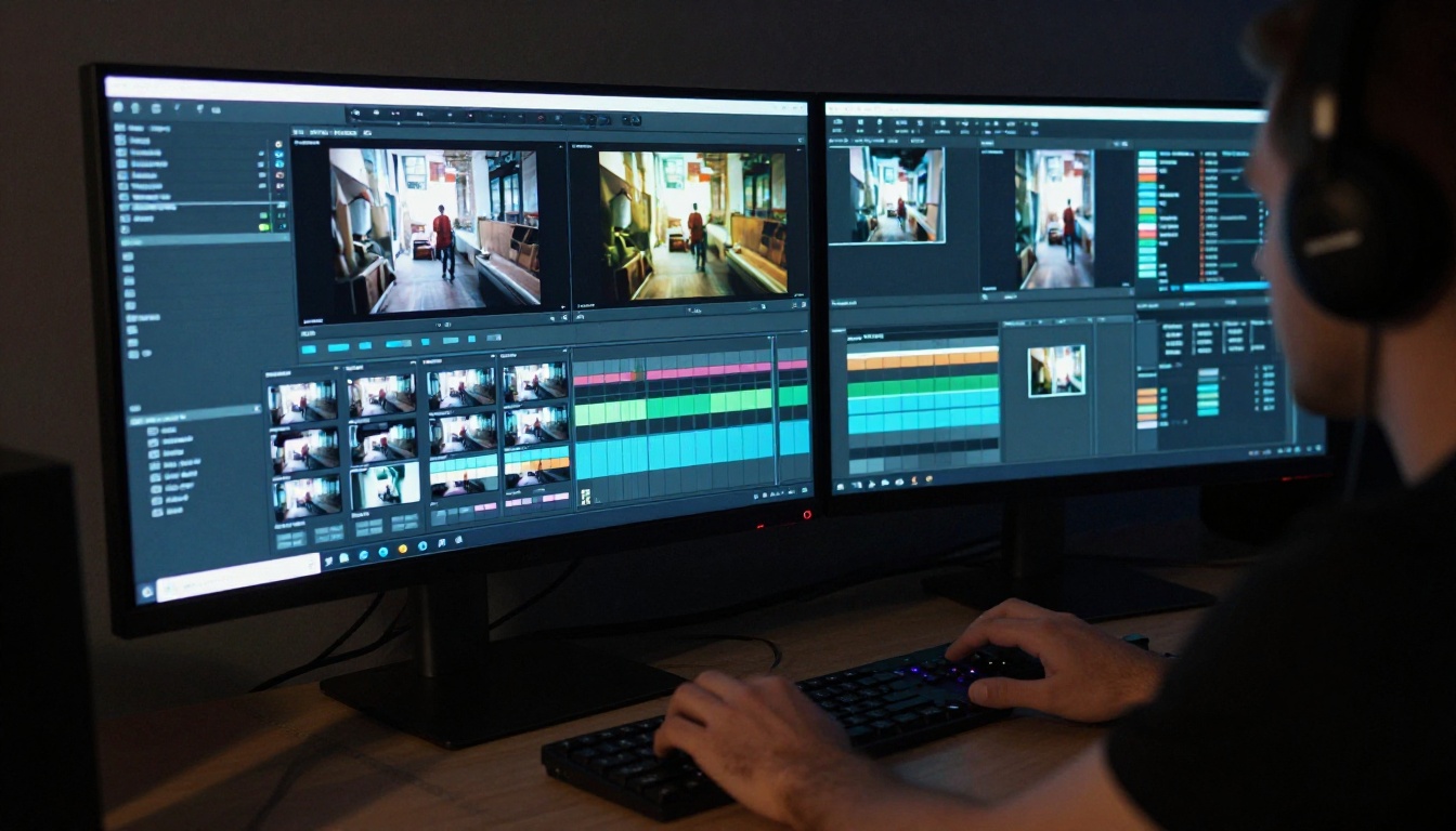 Color grading workstation with thumbnail variants displayed on ultrawide monitor Color grading workstation with thumbnail variants displayed on ultrawide monitor