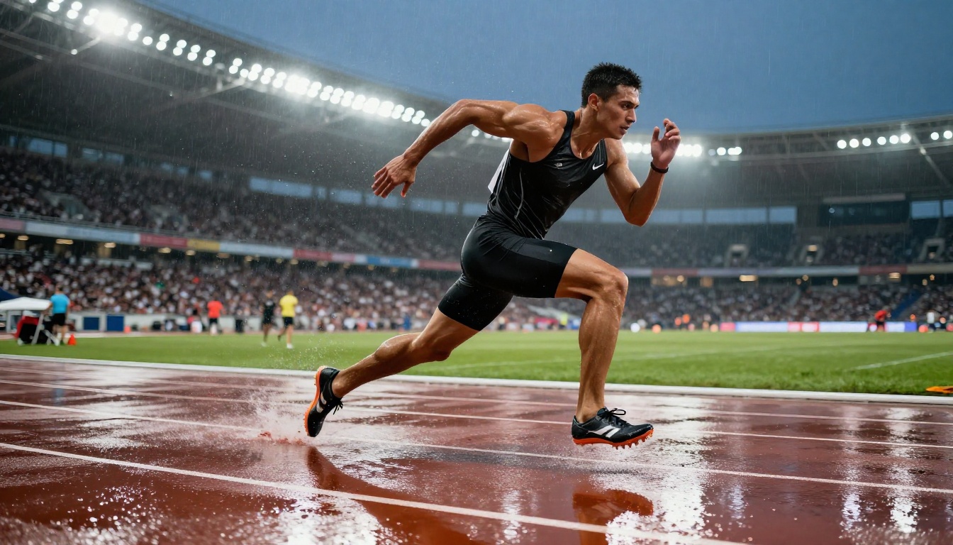 Male athlete mid-sprint on rain-soaked athletics track under stadium floodlights, water droplets frozen mid-air