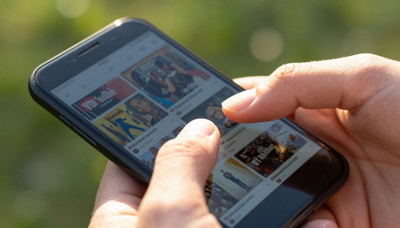 Hand holding smartphone displaying YouTube feed with vibrant thumbnail grid Hand holding smartphone displaying YouTube feed with vibrant thumbnail grid