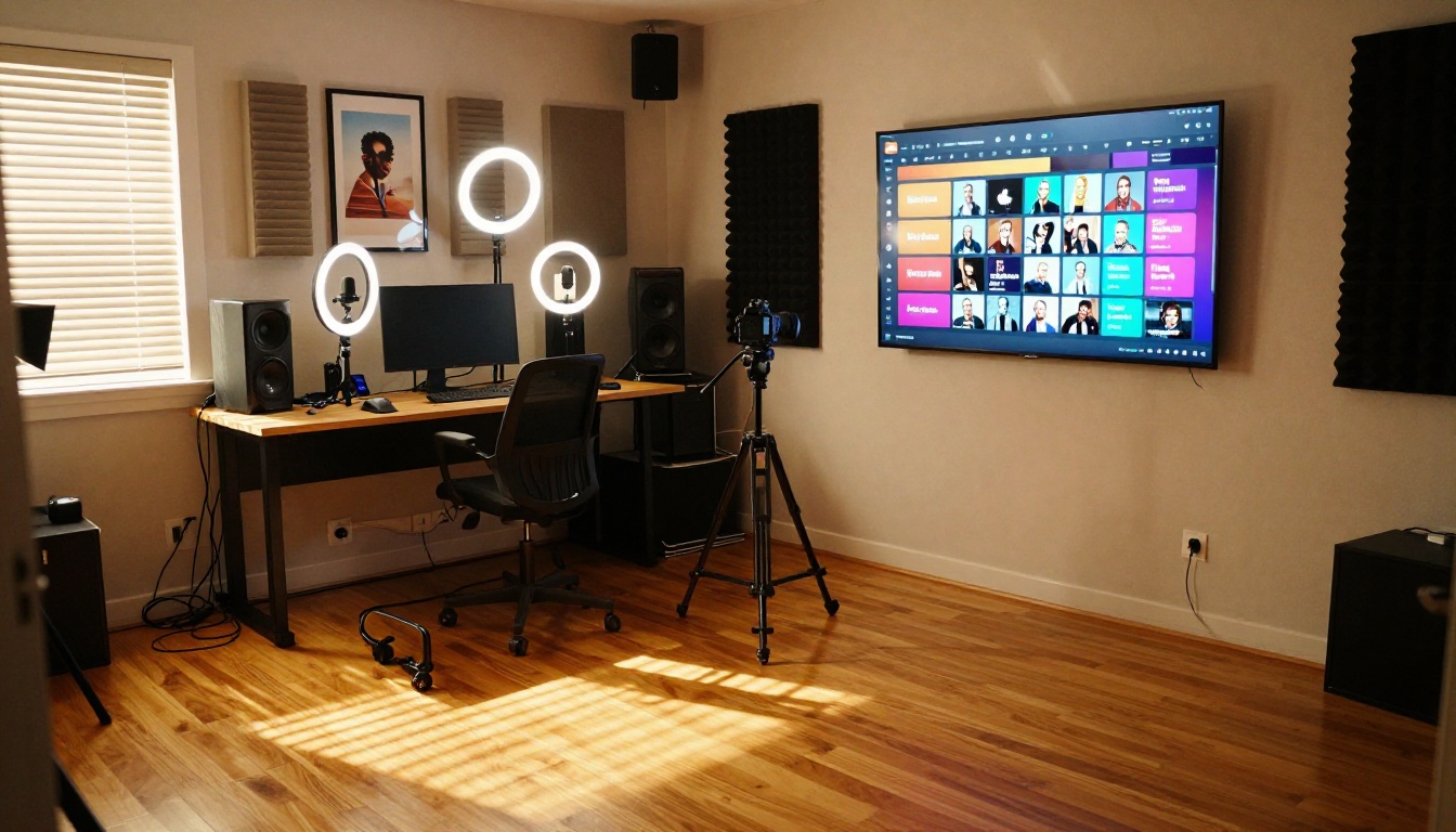 Wide-angle shot of modern YouTube creator studio with recording setup and monitor wall Wide-angle shot of modern YouTube creator studio with recording setup and monitor wall