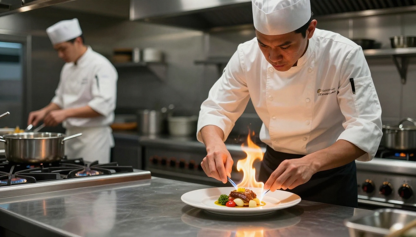 Chef in restaurant kitchen mid-motion plating a gourmet dish under dramatic overhead task lighting