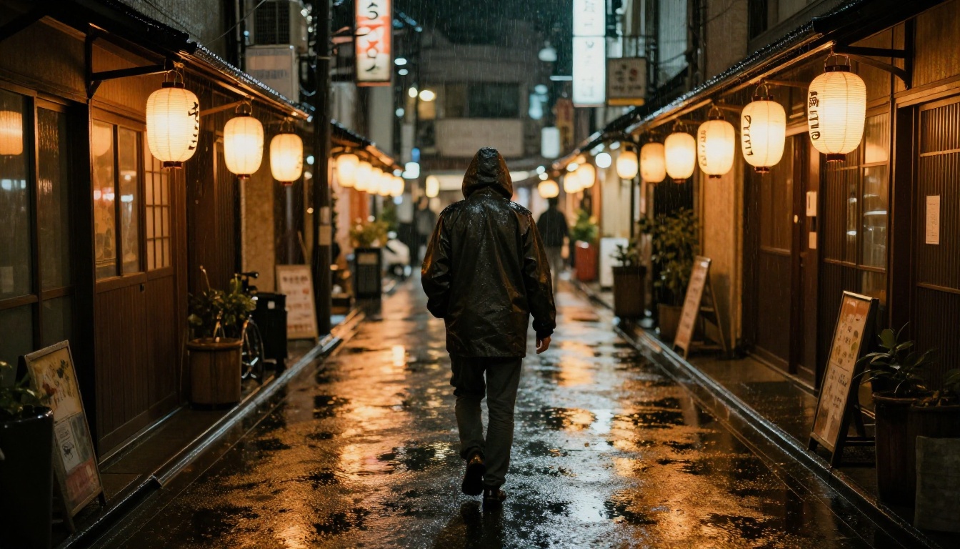 Night street photography in Tokyo alleyway with rain-slicked pavement reflections and traditional paper lanterns