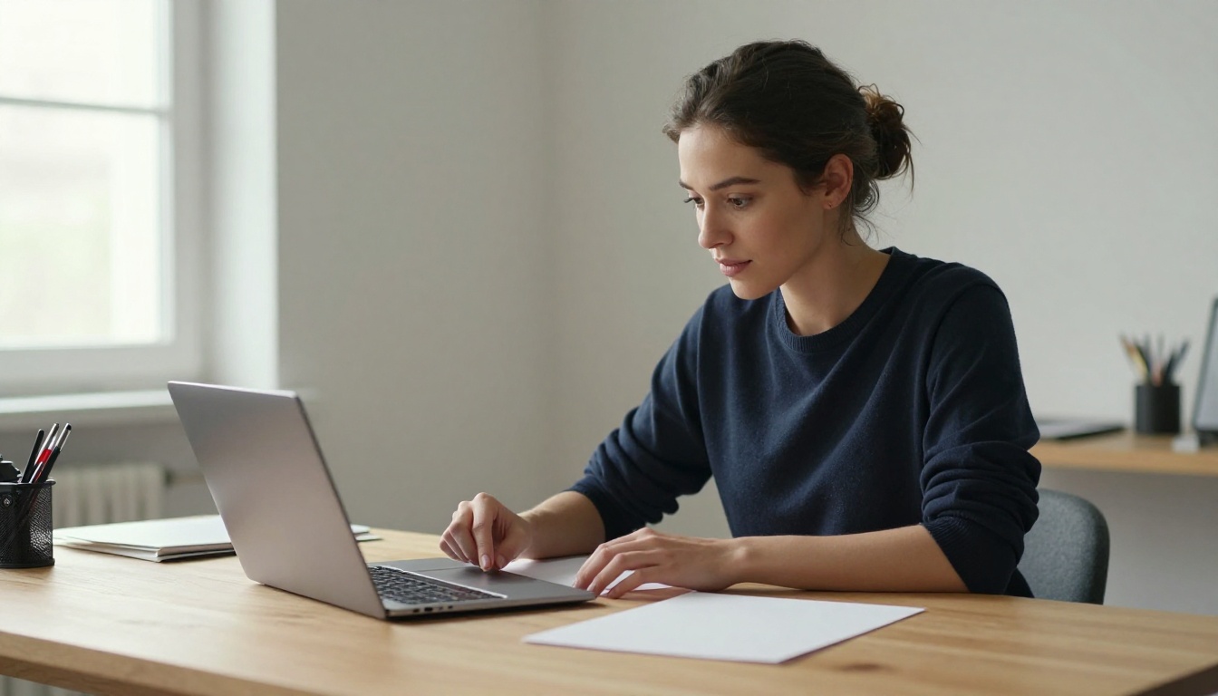Creative professional woman working at a photography studio desk with soft natural window light