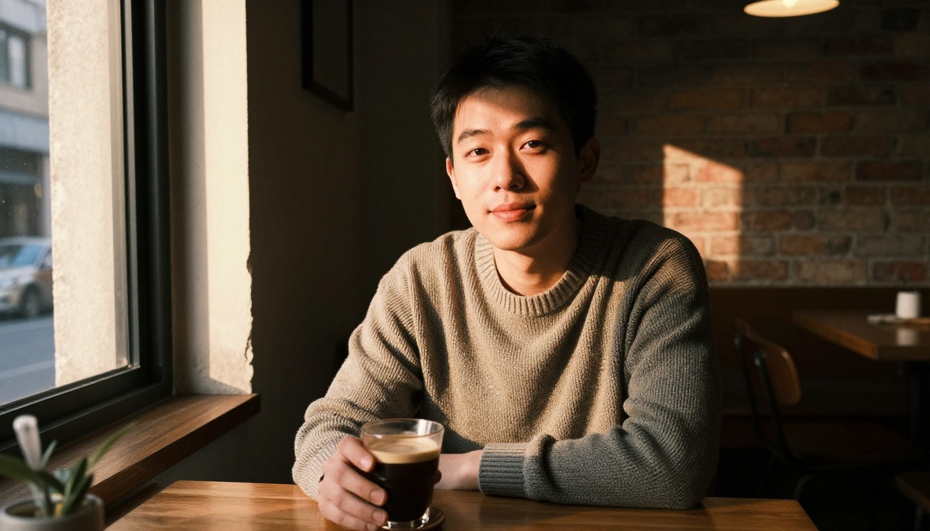 Cinematic environmental portrait with natural window chiaroscuro in a coffee shop, authentic ambient lighting