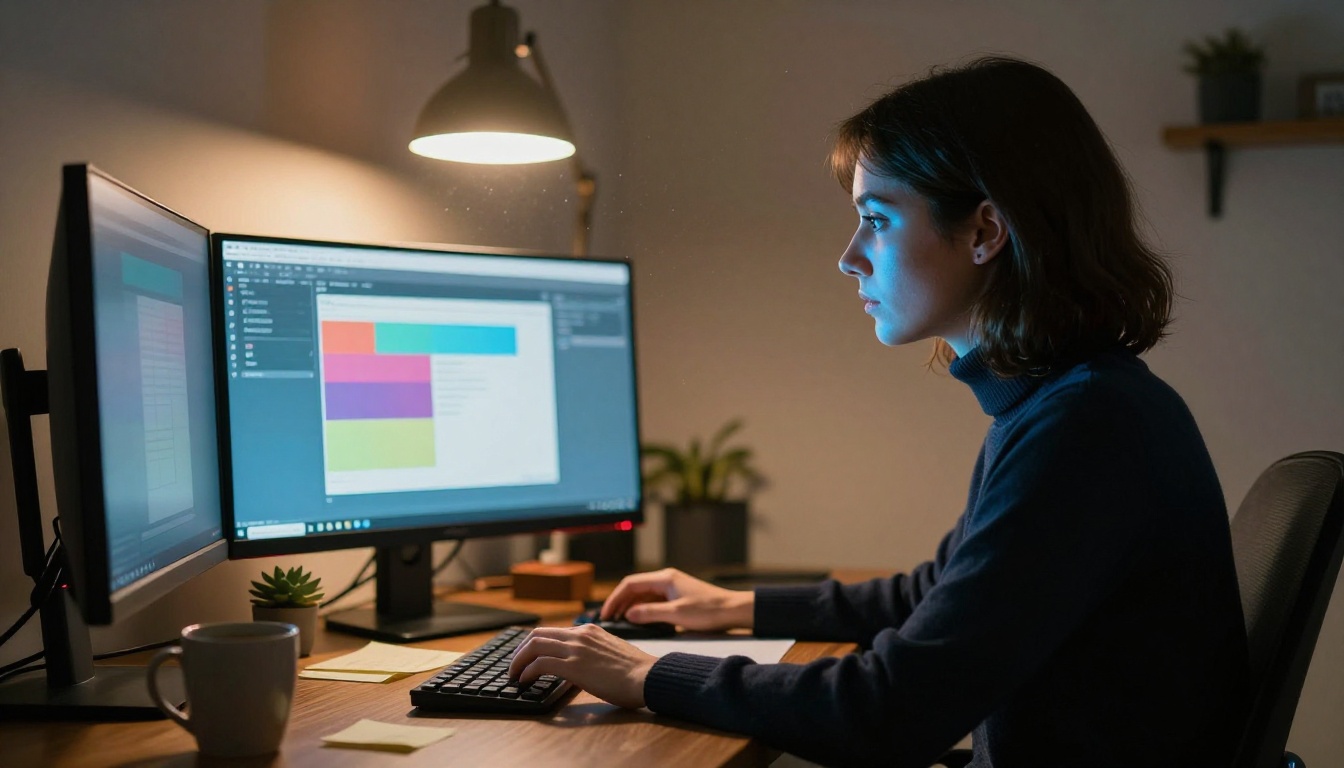 Woman studying dual monitors at home office with blue light illuminating her face