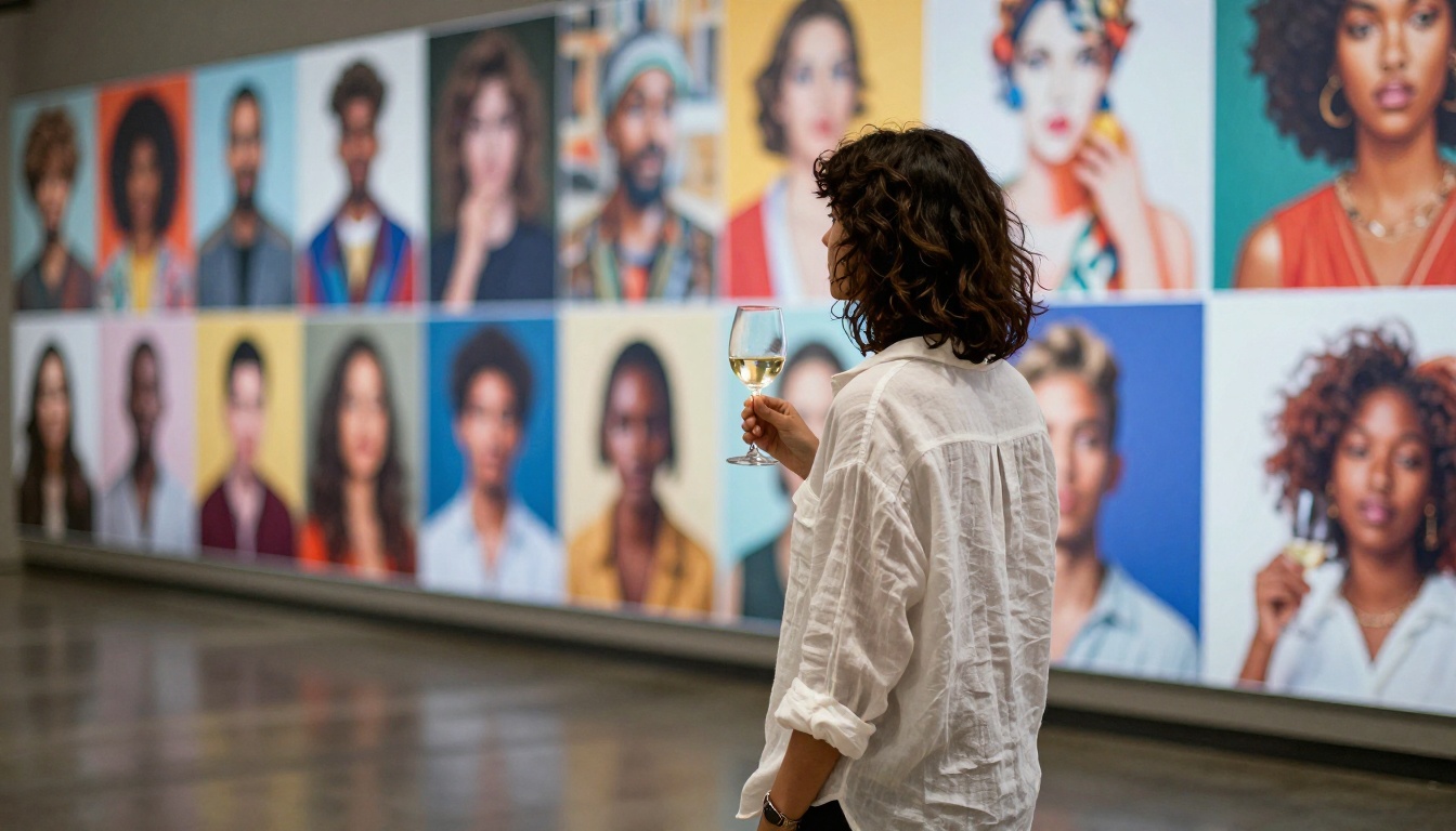 Creative woman viewing AI-generated portrait gallery on LED display wall