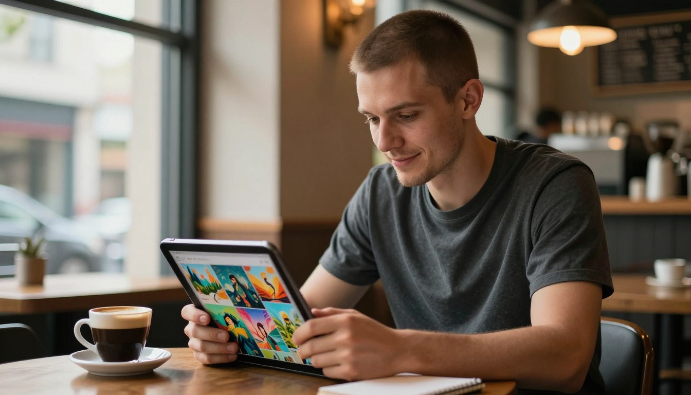 Young man in a coffee shop reviewing an AI art portfolio on a tablet with warm ambient light Young man in a coffee shop reviewing an AI art portfolio on a tablet with warm ambient light