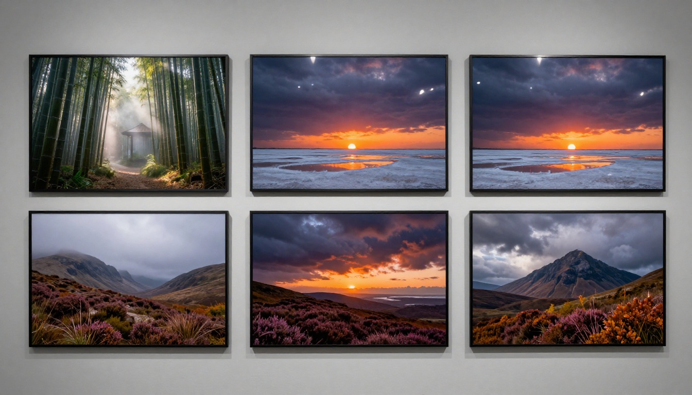 Three AI-generated landscape photographic prints on a gallery wall under even overhead spotlights Three AI-generated landscape photographic prints on a gallery wall under even overhead spotlights