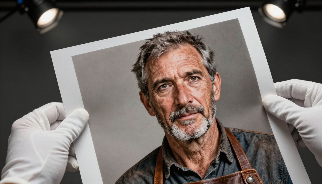 High-resolution AI portrait print being closely examined by a curator wearing a white glove High-resolution AI portrait print being closely examined by a curator wearing a white glove