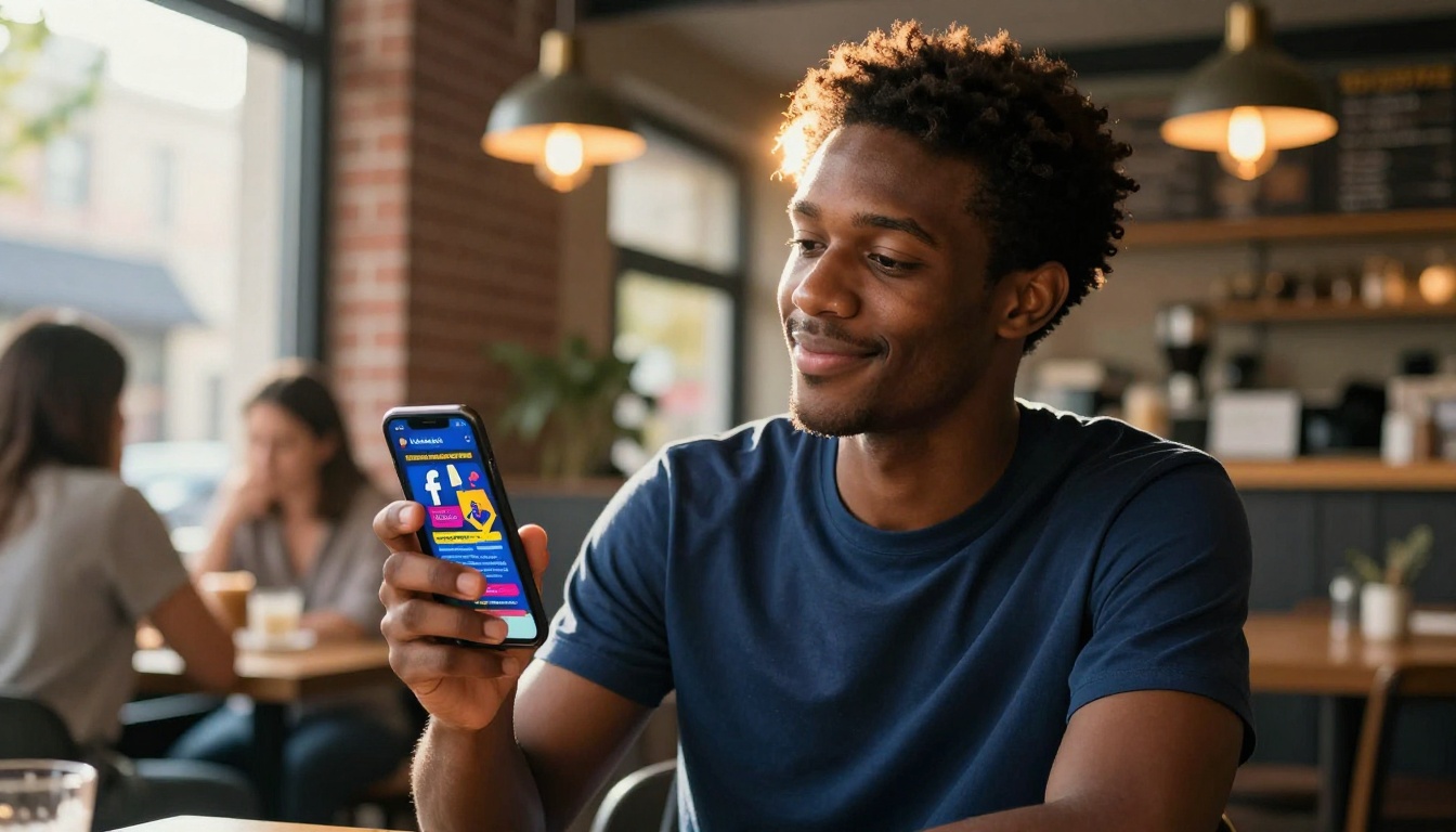 Young man reviewing Facebook event promotion graphic on smartphone in coffee shop Young man reviewing Facebook event promotion graphic on smartphone in coffee shop