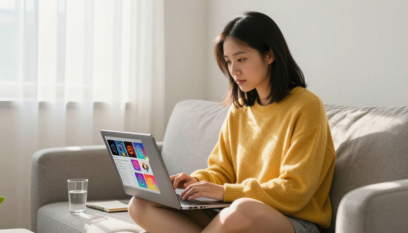 Young Asian woman entrepreneur reviewing Instagram analytics on laptop on sofa Young Asian woman entrepreneur reviewing Instagram analytics on laptop on sofa