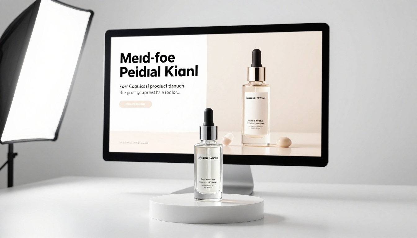Product photography studio setup with AI-generated social media product launch graphic on monitor Product photography studio setup with AI-generated social media product launch graphic on monitor