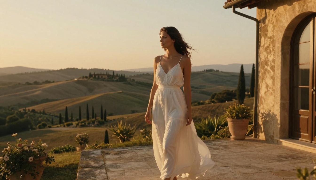 Beautiful woman in flowing white maxi dress on Tuscan villa terrace at golden hour, cypress tree valley below