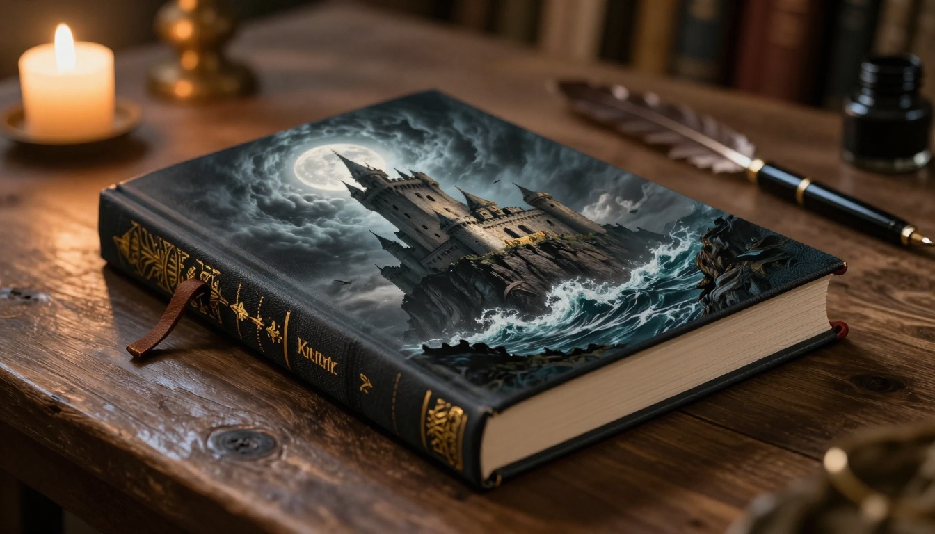 Fantasy hardcover book lying on a rustic oak table with storm castle illustration