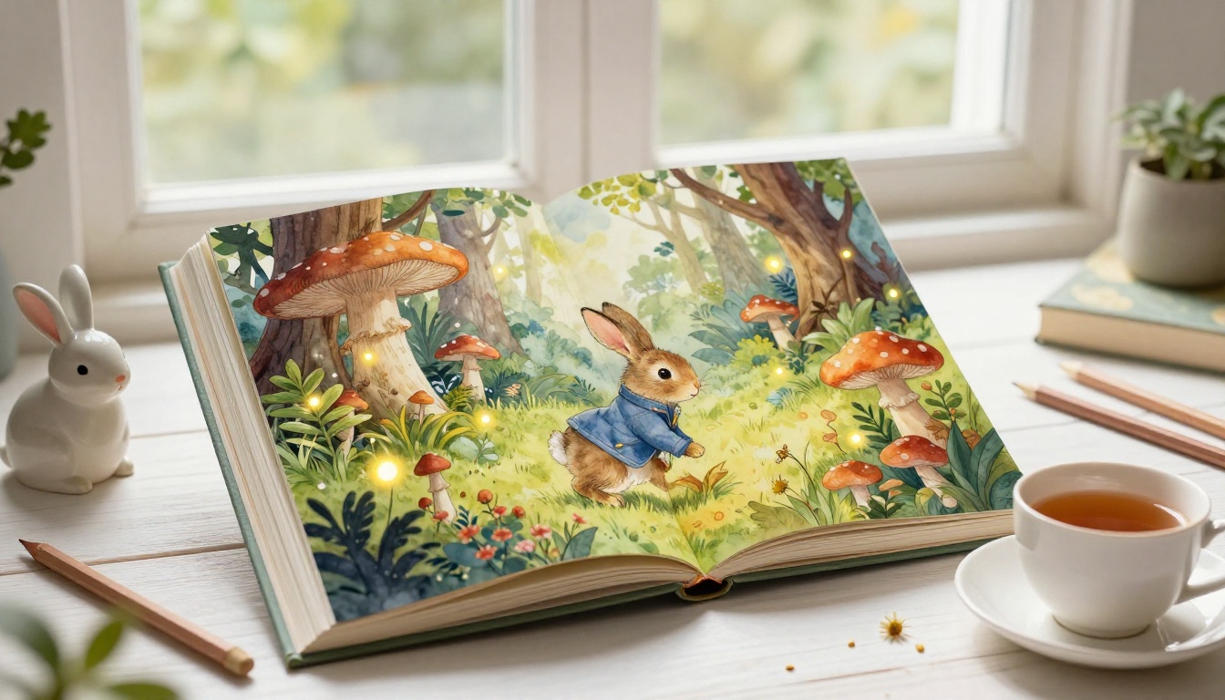 Open children's illustrated book showing a woodland rabbit scene in warm watercolor tones