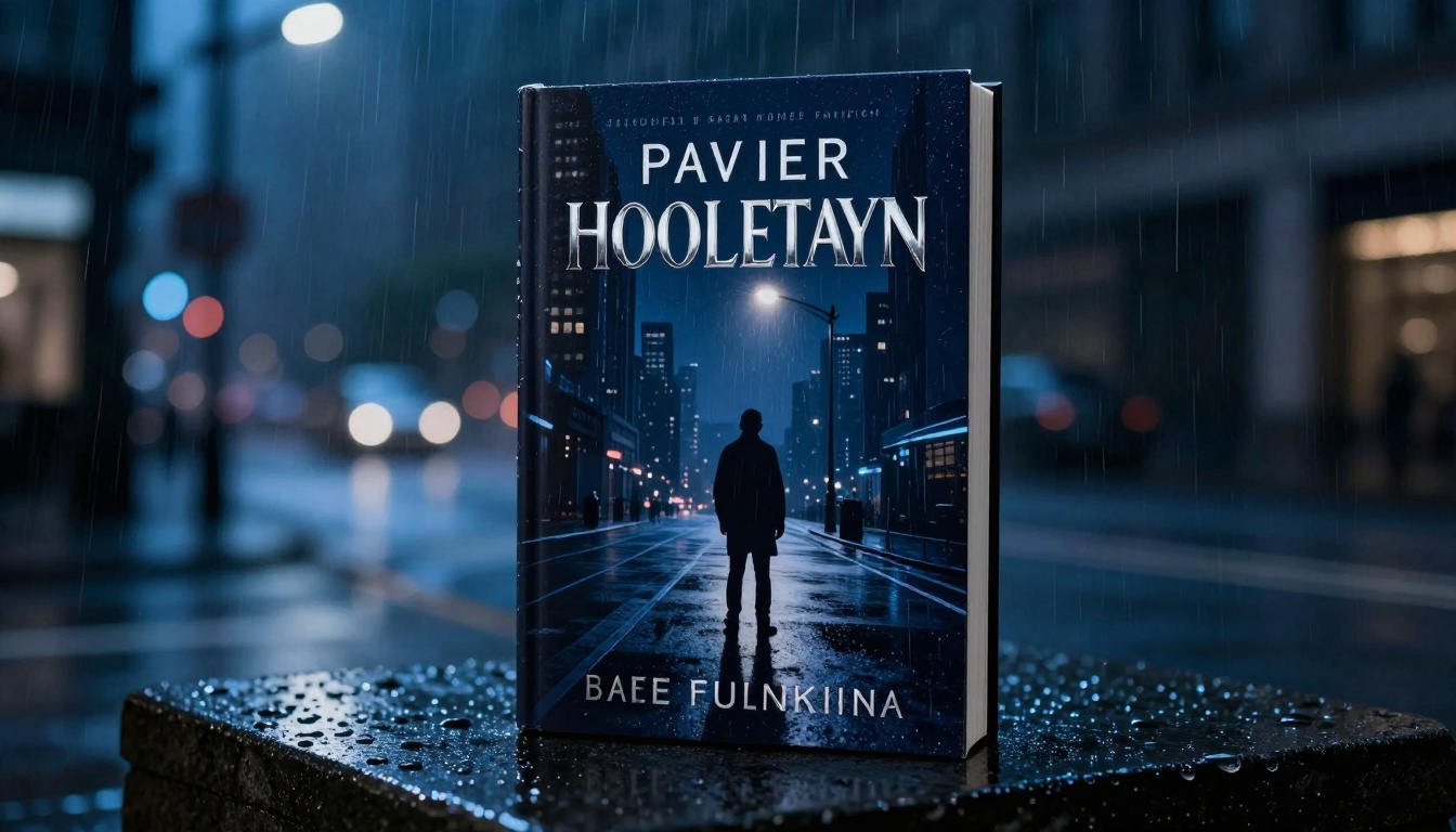 Thriller hardcover novel on dark stone surface with rain reflections and city bokeh lights