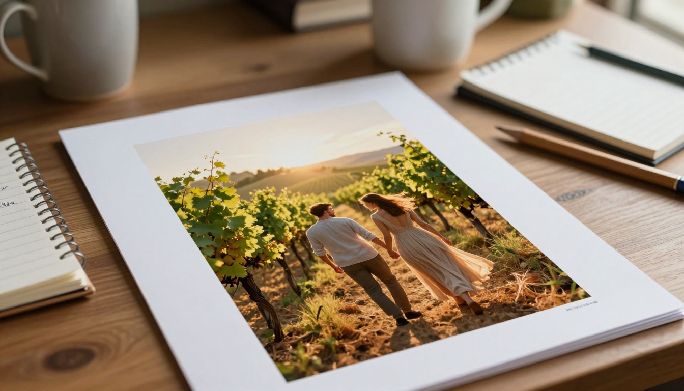 Romance novel cover design proof on an author's desk with warm golden afternoon light Romance novel cover design proof on an author's desk with warm golden afternoon light