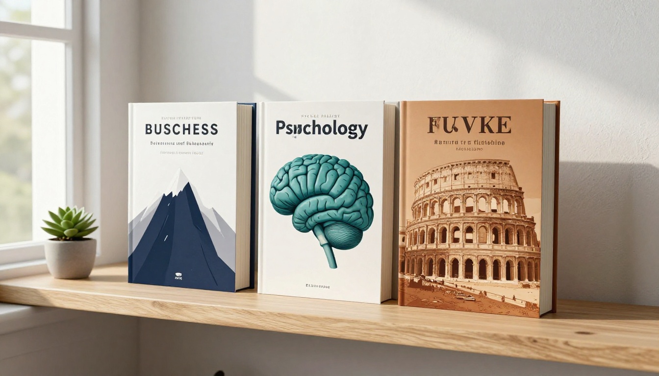 Non-fiction hardcover books arranged in a row on a minimalist birch shelf