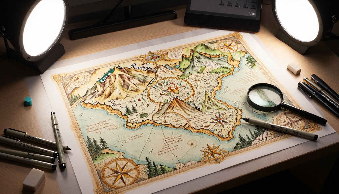 Detailed fantasy map illustration spread on a professional light table Detailed fantasy map illustration spread on a professional light table