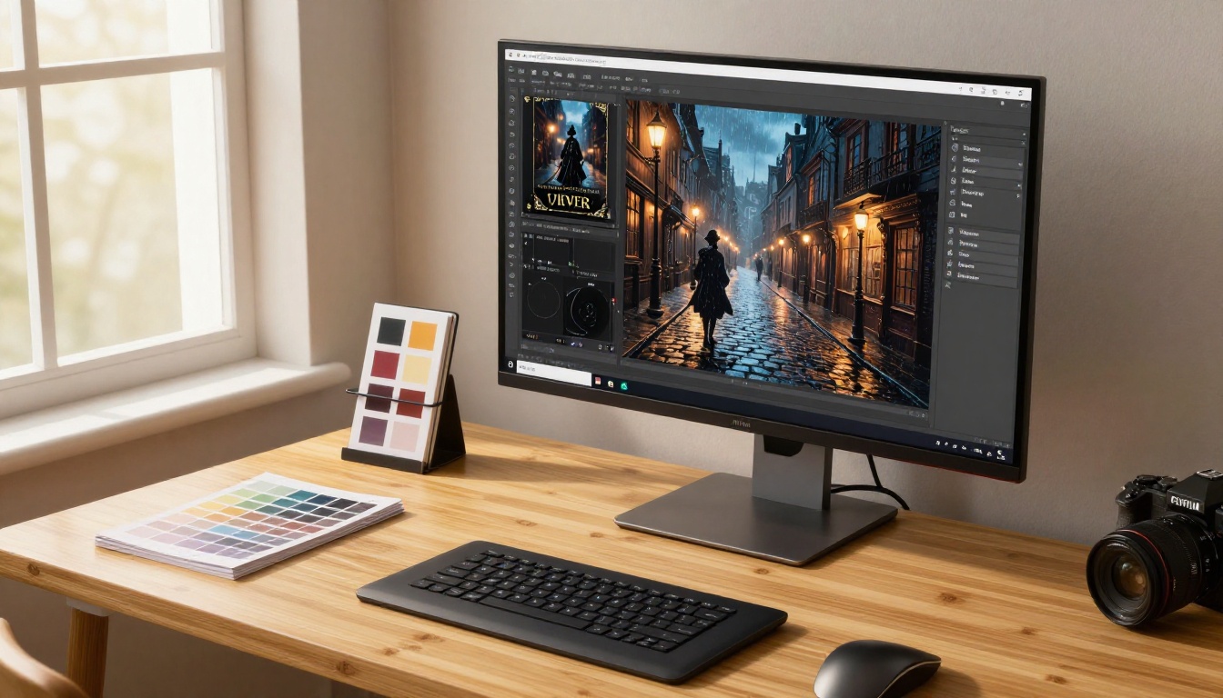 Modern author home studio with AI-generated book cover displayed on large monitor Modern author home studio with AI-generated book cover displayed on large monitor