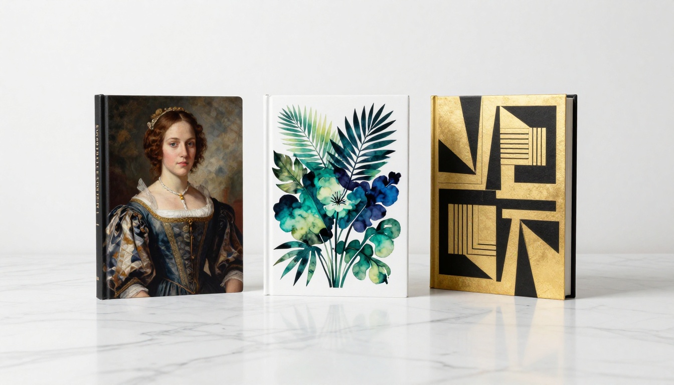 Three hardcover books in triangle arrangement on white marble surface showing diverse illustration styles Three hardcover books in triangle arrangement on white marble surface showing diverse illustration styles