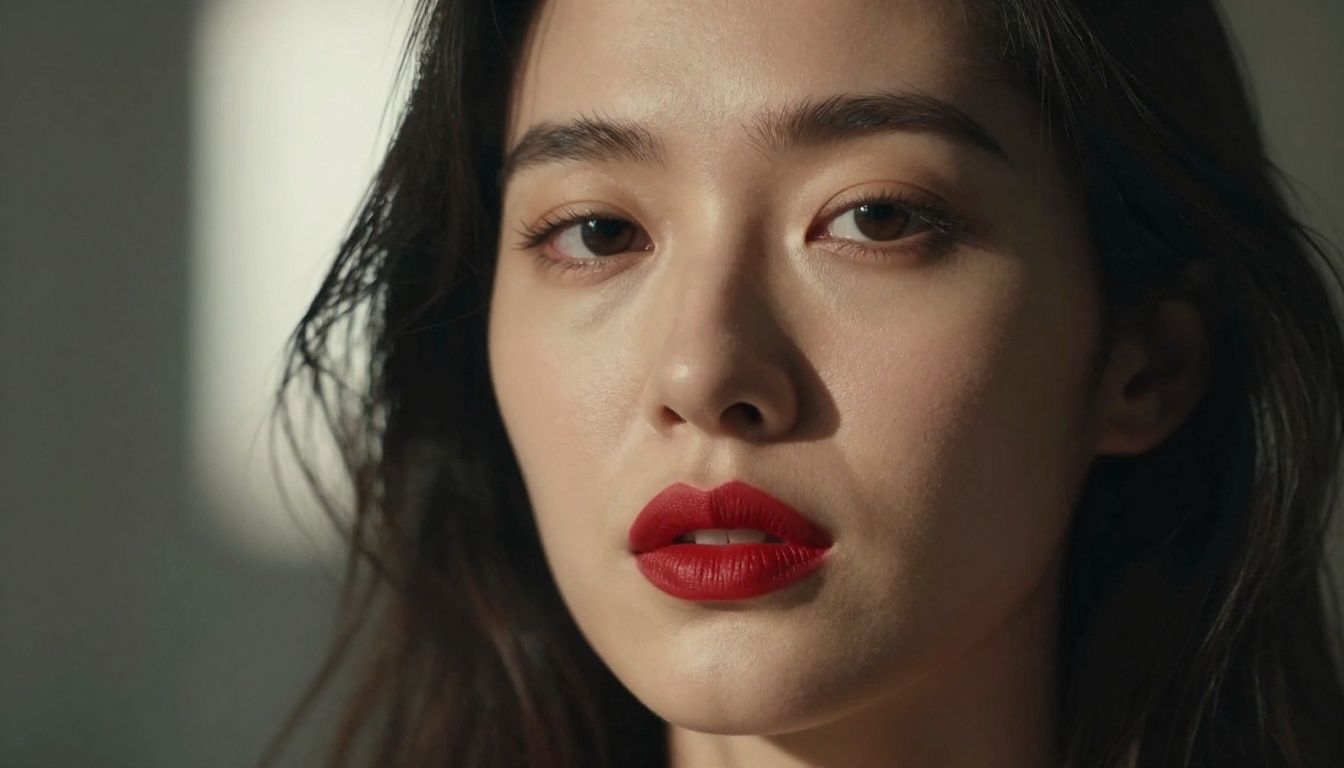 Close-up glamour portrait with bold red lips and dramatic chiaroscuro lighting Close-up glamour portrait with bold red lips and dramatic chiaroscuro lighting