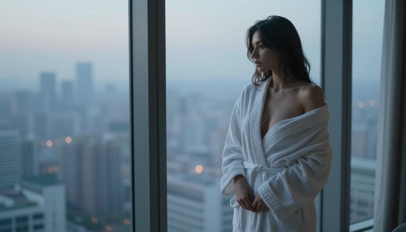 Sensual woman in white robe at hotel window at dawn with soft city bokeh Sensual woman in white robe at hotel window at dawn with soft city bokeh